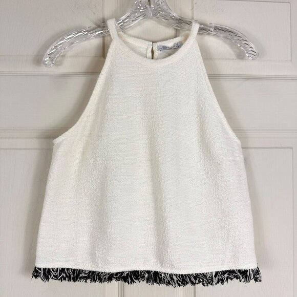 Zara‎ Trafaluc Womens White Black Fringe Halter Top Size Small - Picture 3 of 10